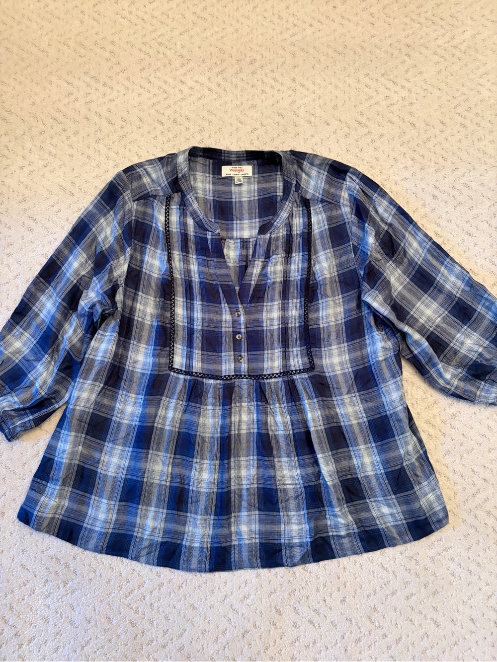 Wrangler Plaid Babydoll Peasant Top Size XXL Blue Relaxed Fit Flare